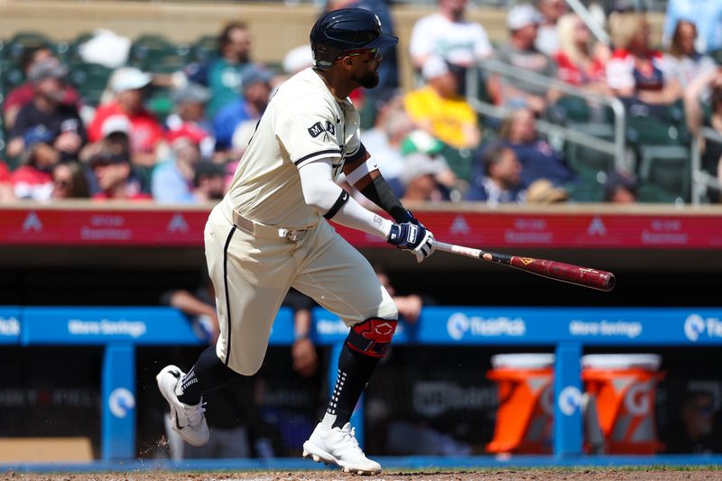 Apr 25, 2024; Minneapolis, Minnesota, USA; Minnesota Twins Willi Castro (50) hits an RBI single against the Chicago White Sox during the sixth inning at Target Field. Mandatory Credit: Matt Krohn-USA TODAY Sports