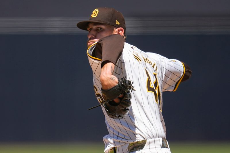 Apr 3, 2024; San Diego, California, USA; San Diego Padres starting pitcher Joe Musgrove (44) throws a pitch against the St. Louis Cardinals during the first inning at Petco Park. Mandatory Credit: Ray Acevedo-USA TODAY Sports