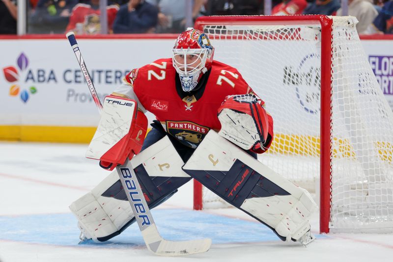 Oct 7, 2025; Sunrise, Florida, USA; Florida Panthers goaltender Sergei Bobrovsky (72) defends the net against the Chicago Blackhawks during the second period at Amerant Bank Arena. Mandatory Credit: Sam Navarro-Imagn Images