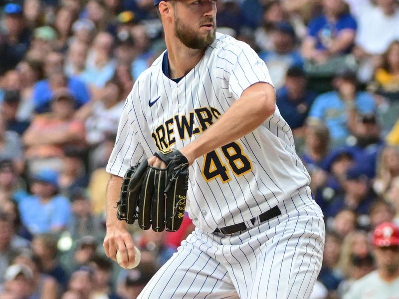 Sep 2, 2023; Milwaukee, Wisconsin, USA; Milwaukee Brewers pitcher Colin Rea (48) pitches against the Philadelphia Phillies in the first inning at American Family Field. Mandatory Credit: Benny Sieu-USA TODAY Sports