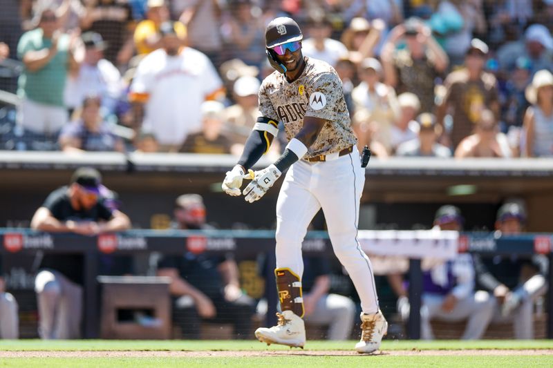 Aug 4, 2024; San Diego, California, USA; San Diego Padres left fielder Jurickson Profar (10) celebrates after hitting a one run home run during the fifth inning against the Colorado Rockies at Petco Park. Mandatory Credit: David Frerker-USA TODAY Sports