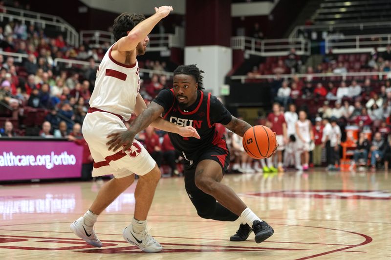 Dec 27, 2025; Stanford, California, USA; CSUN Matadors guard Josiah Davis (right) dribbles against Stanford Cardinal guard Benny Gealer (left) during the second half at Maples Pavilion. Mandatory Credit: Darren Yamashita-Imagn Images