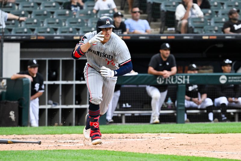 Jul 10, 2024; Chicago, Illinois, USA;  Minnesota Twins third base Brooks Lee (72) celebrates after hitting a home run against the Chicago White Sox during the sixth inning at Guaranteed Rate Field. Mandatory Credit: Matt Marton-USA TODAY Sports