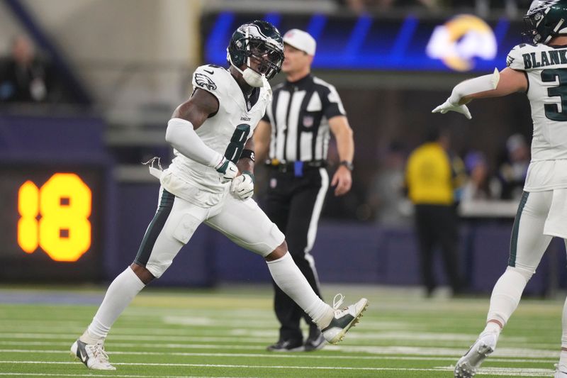 Philadelphia Eagles safety C.J. Gardner-Johnson (8) celebrates after a tackle during the second half of an NFL football game against the Los Angeles Rams in Inglewood, Calif., Sunday, Nov. 24, 2024. (AP Photo/Mark J. Terrill)