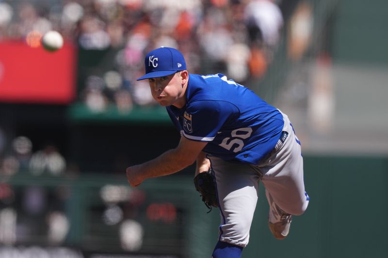 Apr 9, 2023; San Francisco, California, USA; Kansas City Royals starting pitcher Kris Bubic (50) throws a pitch against the San Francisco Giants during the fifth inning at Oracle Park. Mandatory Credit: Darren Yamashita-USA TODAY Sports