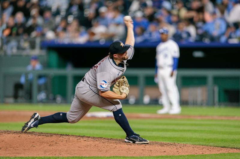 Apr 10, 2024; Kansas City, Missouri, USA; Houston Astros pitcher Parker Mushinsk (67) pitching during the eighth inning against the Kansas City Royals at Kauffman Stadium. Mandatory Credit: William Purnell-USA TODAY Sports