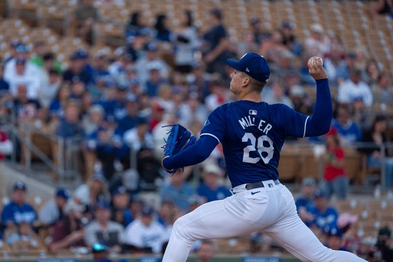 Mar 5, 2024; Phoenix, Arizona, USA;  Los Angeles Dodgers pitcher Bobby Miller (28) on the mound in the first during a spring training game against the Los Angeles Angels at Camelback Ranch-Glendale. Mandatory Credit: Allan Henry-USA TODAY Sports