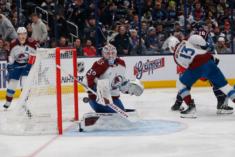 Apr 3, 2025; Columbus, Ohio, USA; Colorado Avalanche goalie MacKenzie Blackwood (39) makes a save against the Columbus Blue Jackets during the second period at Nationwide Arena. Mandatory Credit: Russell LaBounty-Imagn Images