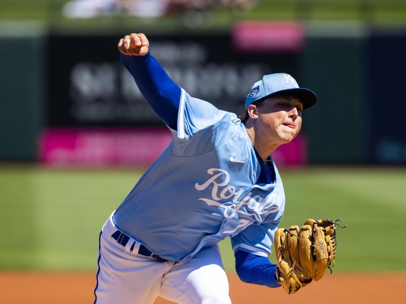 Mar 21, 2024; Surprise, Arizona, USA; Kansas City Royals pitcher Andrew Hoffmann against the Chicago White Sox during a spring training baseball game at Surprise Stadium. Mandatory Credit: Mark J. Rebilas-USA TODAY Sports