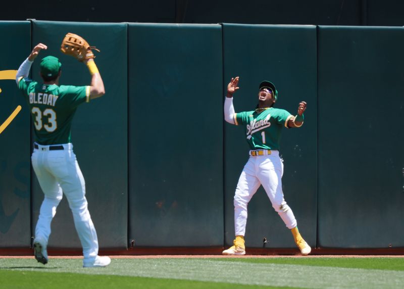 Jun 29, 2023; Oakland, California, USA; Oakland Athletics center fielder Esteury Ruiz (1) reacts with left fielder JJ Bleday (33) after being unable to catch the ball over the wall on a New York Yankees home run during the second inning at Oakland-Alameda County Coliseum. Mandatory Credit: Kelley L Cox-USA TODAY Sports