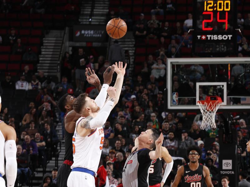 PORTLAND, OR - MARCH 14: The opening tip off during the game between the New York Knicks and the Portland Trail Blazers on March 14, 2024 at the Moda Center Arena in Portland, Oregon. NOTE TO USER: User expressly acknowledges and agrees that, by downloading and or using this photograph, user is consenting to the terms and conditions of the Getty Images License Agreement. Mandatory Copyright Notice: Copyright 2024 NBAE (Photo by Cameron Browne/NBAE via Getty Images)