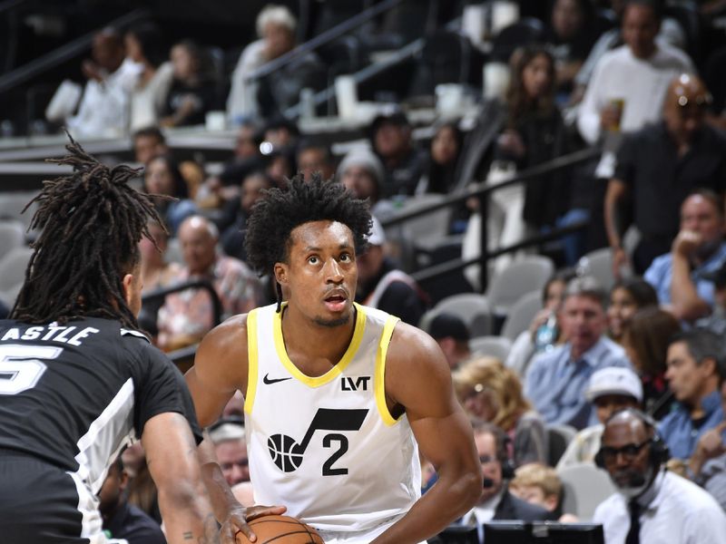 SAN ANTONIO, TX - NOVEMBER 9: Collin Sexton #2 of the Utah Jazz looks to pass the ball during the game against the San Antonio Spurs on November 9, 2024 at the Frost Bank Center in San Antonio, Texas. NOTE TO USER: User expressly acknowledges and agrees that, by downloading and or using this photograph, user is consenting to the terms and conditions of the Getty Images License Agreement. Mandatory Copyright Notice: Copyright 2024 NBAE (Photos by Logan Riely/NBAE via Getty Images)