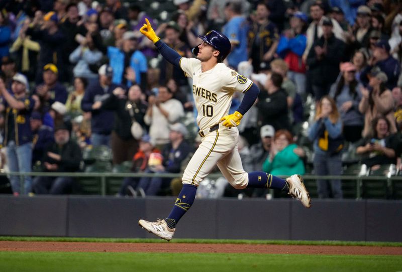 May 20, 2025; Milwaukee, Wisconsin, USA; Milwaukee Brewers outfielder Sal Frelick (10) rounds the bases after hitting a home run against the Baltimore Orioles in the fourth inning at American Family Field. Mandatory Credit: Michael McLoone-Imagn Images