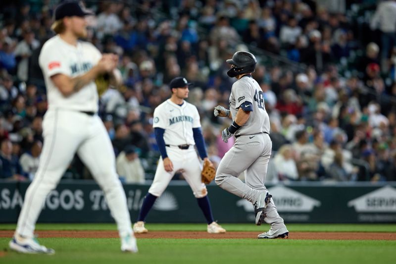May 14, 2025; Seattle, Washington, USA; New York Yankees first base Paul Goldschmidt (48) rounds the bases on his solo home run off Seattle Mariners pitcher Gabe Speier (55) during the seventh inning at T-Mobile Park. Mandatory Credit: John Froschauer-Imagn Images