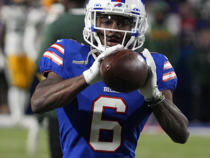 Buffalo Bills wide receiver Isaiah McKenzie (6) warms up before an NFL football game against the Green Bay Packers, Sunday, Oct. 30, 2022, in Buffalo, New York. (AP Photo/Rick Scuteri)