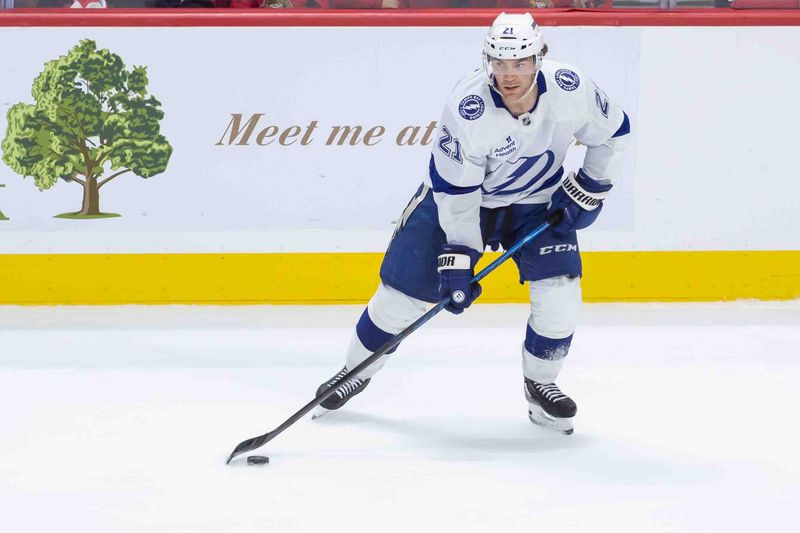 Oct 19, 2024; Ottawa, Ontario, CAN; Tampa Bay Lightning center Brayden Point (21) skates with the puck in the third period against the Ottawa Senators at the Canadian Tire Centre. Mandatory Credit: Marc DesRosiers-Imagn Images