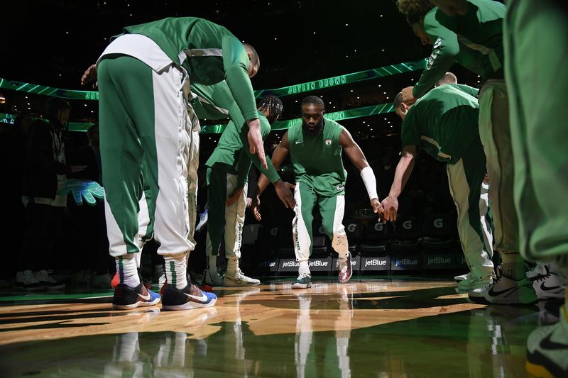 BOSTON, MA - JANUARY 17: Jaylen Brown #7 of the Boston Celtics is introduced before the game against the San Antonio Spurs on January 17, 2024 at the TD Garden in Boston, Massachusetts. NOTE TO USER: User expressly acknowledges and agrees that, by downloading and or using this photograph, User is consenting to the terms and conditions of the Getty Images License Agreement. Mandatory Copyright Notice: Copyright 2024 NBAE  (Photo by Brian Babineau/NBAE via Getty Images)