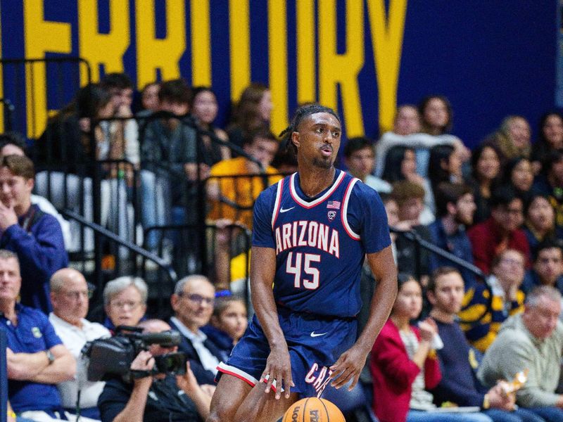 Feb 9, 2023; Berkeley, California, USA; Arizona Wildcats guard Cedric Henderson Jr. (45) brings the ball up court against the California Golden Bears during the first half at Haas Pavilion. Mandatory Credit: Neville E. Guard-USA TODAY Sports