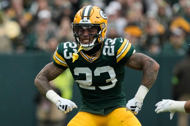 Green Bay Packers cornerback Jaire Alexander (23) celebrates after a stop on third down during the first half of an NFL football game against the Los Angeles Rams, Sunday, Nov. 5, 2023, in Green Bay, Wis. (AP Photo/Morry Gash)