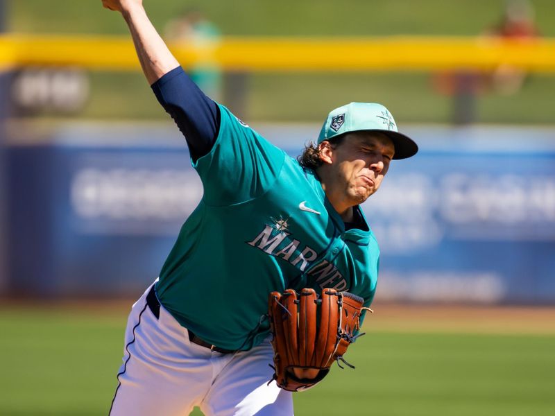 Mar 5, 2024; Peoria, Arizona, USA; Seattle Mariners pitcher Logan Gilbert against the Texas Rangers during a spring training baseball game at Peoria Sports Complex. Mandatory Credit: Mark J. Rebilas-USA TODAY Sports