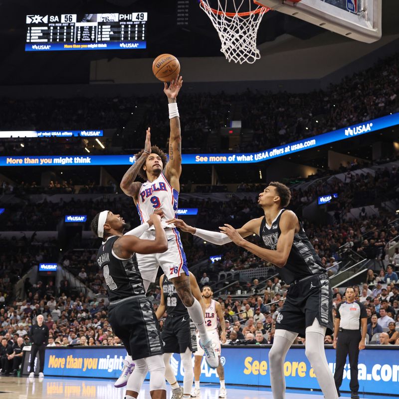 SAN ANTONIO, TX - APRIL 7: Kelly Oubre Jr. #9 of the Philadelphia 76ers shoots the ball during the game against the San Antonio Spurs on April 7, 2024 at the Frost Bank Center in San Antonio, Texas. NOTE TO USER: User expressly acknowledges and agrees that, by downloading and or using this photograph, user is consenting to the terms and conditions of the Getty Images License Agreement. Mandatory Copyright Notice: Copyright 2024 NBAE (Photos by Tim Heitman/NBAE via Getty Images)