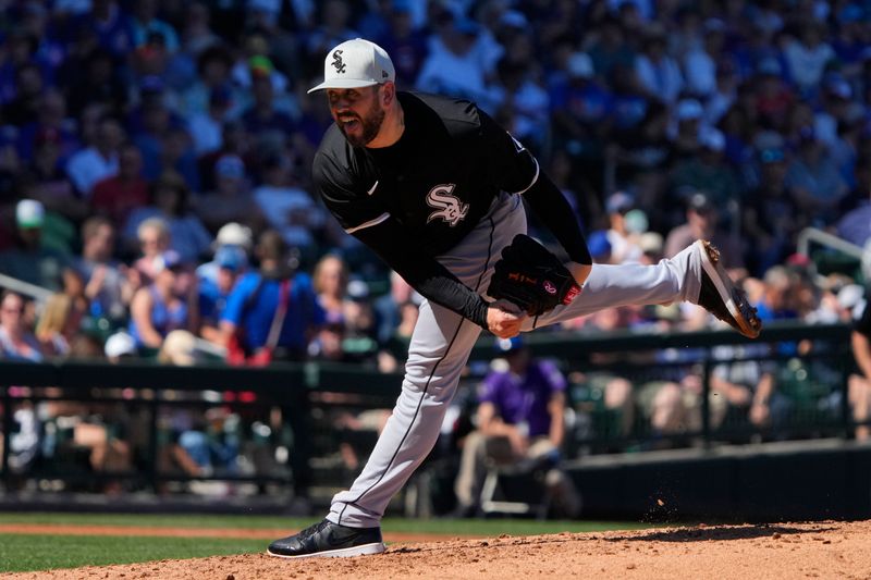 Mar 1, 2024; Mesa, Arizona, USA; Chicago White Sox pitcher Dominc Leone (39) throws against the Chicago Cubs during the fourth inning at Sloan Park. Mandatory Credit: Rick Scuteri-USA TODAY Sports