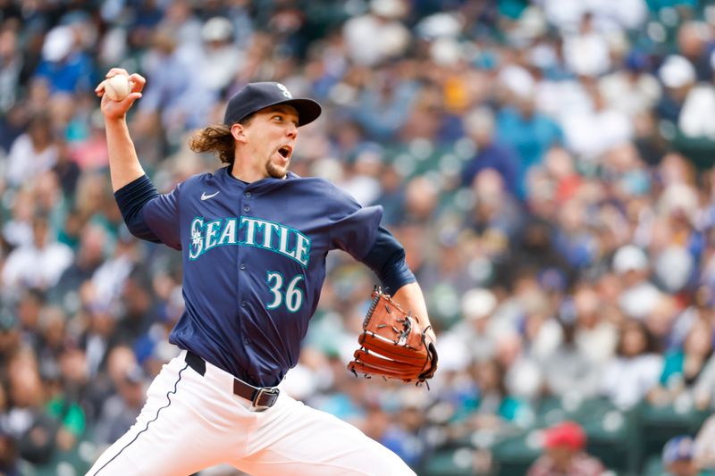 Sep 19, 2024; Seattle, Washington, USA; Seattle Mariners starting pitcher Logan Gilbert (36) throws against the New York Yankees during the first inning at T-Mobile Park. Mandatory Credit: Joe Nicholson-Imagn Images