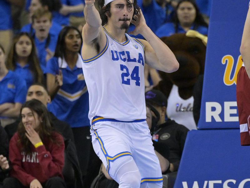 Feb 16, 2023; Los Angeles, California, USA; UCLA Bruins guard Jaime Jaquez Jr. (24) gestures after a call in the second half against the Stanford Cardinal at Pauley Pavilion presented by Wescom. Mandatory Credit: Jayne Kamin-Oncea-USA TODAY Sports