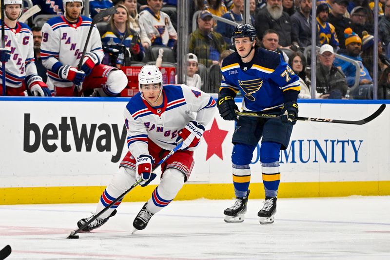 Jan 11, 2024; St. Louis, Missouri, USA;  New York Rangers defenseman Braden Schneider (4) controls the puck against the St. Louis Blues during the first period at Enterprise Center. Mandatory Credit: Jeff Curry-USA TODAY Sports