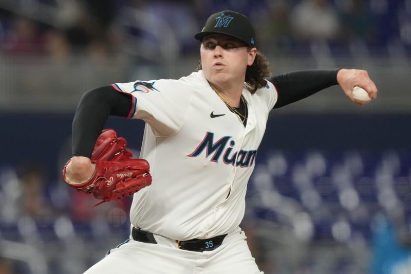 Sep 11, 2025; Miami, Florida, USA;  Miami Marlins starting pitcher Ryan Weathers (35) pitches in the first inning against the Washington Nationals at loanDepot Park. Mandatory Credit: Jim Rassol-Imagn Images
