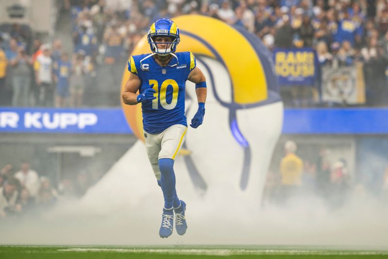 Los Angeles Rams wide receiver Cooper Kupp (10) takes the field before an NFL football game against the Washington Commanders, Sunday, Dec. 17, 2023, in Inglewood, Calif. (AP Photo/Kyusung Gong)