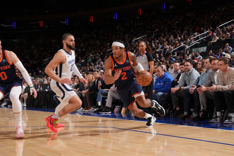 NEW YORK, NY - FEBRUARY 6: Miles McBride #2 of the New York Knicks drives to the basket during the game against the Memphis Grizzlies on February 6, 2024 at Madison Square Garden in New York City, New York.  NOTE TO USER: User expressly acknowledges and agrees that, by downloading and or using this photograph, User is consenting to the terms and conditions of the Getty Images License Agreement. Mandatory Copyright Notice: Copyright 2024 NBAE  (Photo by Jesse D. Garrabrant/NBAE via Getty Images)