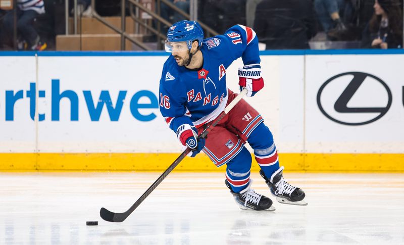 Apr 5, 2026; New York, New York, USA; New York Rangers center Vincent Trocheck (16) skates against the Washington Capitals during the second period at Madison Square Garden. Mandatory Credit: Danny Wild-Imagn Images