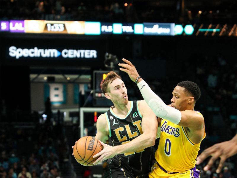 CHARLOTTE, NC - JANUARY 2:Gordon Hayward #20 of the Charlotte Hornets drives to the basket against the Los Angeles Lakers  on January 2, 2023 at Spectrum Center in Charlotte, North Carolina. NOTE TO USER: User expressly acknowledges and agrees that, by downloading and or using this photograph, User is consenting to the terms and conditions of the Getty Images License Agreement. Mandatory Copyright Notice: Copyright 2023 NBAE (Photo by Brock Williams-Smith/NBAE via Getty Images)