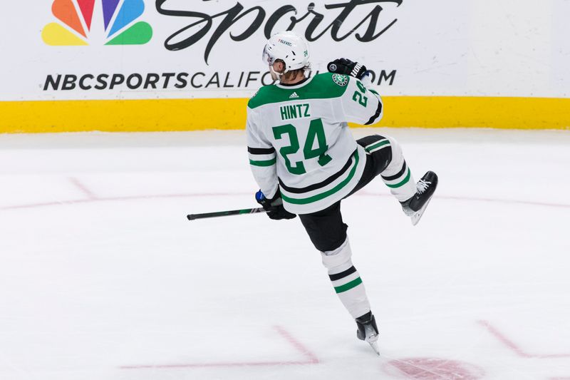 Mar 5, 2024; San Jose, California, USA; Dallas Stars left wing Jamie Benn (14) reacts after scoring the winning goal against the San Jose Sharks during the first overtime period at SAP Center at San Jose. Mandatory Credit: John Hefti-USA TODAY Sports