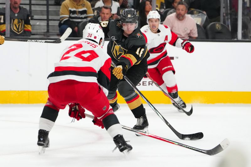 Oct 20, 2025; Las Vegas, Nevada, USA; Vegas Golden Knights right wing Pavel Dorofeyev (16) skates against the Carolina Hurricanes during the first period at T-Mobile Arena. Mandatory Credit: Stephen R. Sylvanie-Imagn Images