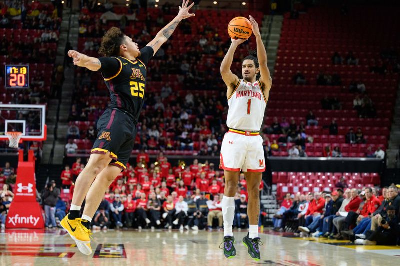 Jan 13, 2025; College Park, Maryland, USA; Maryland Terrapins guard Rodney Rice (1) takes a shot over Minnesota Golden Gophers guard Lu'Cye Patterson (25) during the second half at Xfinity Center. Mandatory Credit: Reggie Hildred-Imagn Images