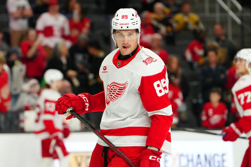 Nov 4, 2025; Las Vegas, Nevada, USA; Detroit Red Wings left wing Elmer Soderblom (85) warms up before a game against the Vegas Golden Knights at T-Mobile Arena. Mandatory Credit: Stephen R. Sylvanie-Imagn Images