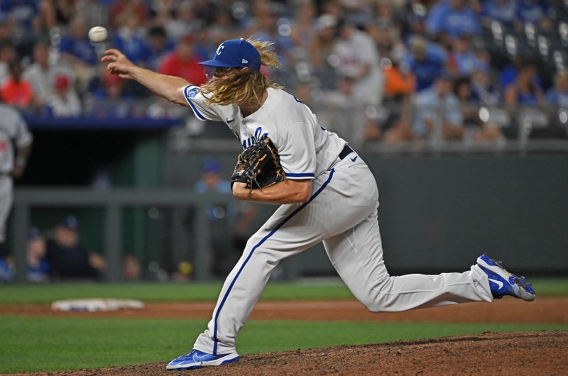 Jul 29, 2023; Kansas City, Missouri, USA;  Kansas City Royals relief pitcher Scott Barlow (58) delivers against the Minnesota Twins during the ninth inning at Kauffman Stadium. Mandatory Credit: Peter Aiken-USA TODAY Sports