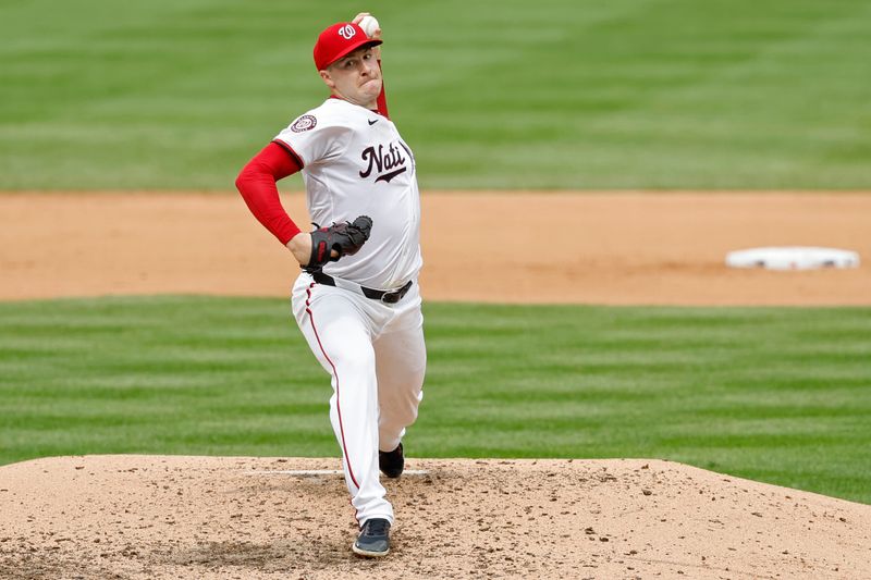 Sep 26, 2024; Washington, District of Columbia, USA; Washington Nationals starting pitcher Patrick Corbin (46) pitches against the Kansas City Royals during the sixth inning at Nationals Park. Mandatory Credit: Geoff Burke-Imagn Images