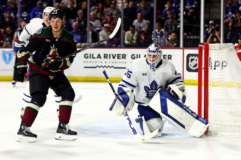 Feb 21, 2024; Tempe, Arizona, USA; Toronto Maple Leafs goaltender Ilya Samsonov (35) protects his goal during the second period against the Arizona Coyotes at Mullett Arena. Mandatory Credit: Mark J. Rebilas-USA TODAY Sports