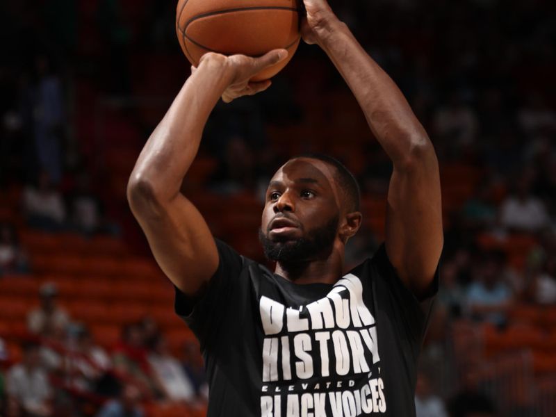 MIAMI, FL - FEBRUARY 10:  Andrew Wiggins #22 of the Miami Heat warms up before the game against the Boston Celtics on February 10, 2025 at Kaseya Center in Miami, Florida. NOTE TO USER: User expressly acknowledges and agrees that, by downloading and or using this Photograph, user is consenting to the terms and conditions of the Getty Images License Agreement. Mandatory Copyright Notice: Copyright 2025 NBAE (Photo by Issac Baldizon/NBAE via Getty Images)