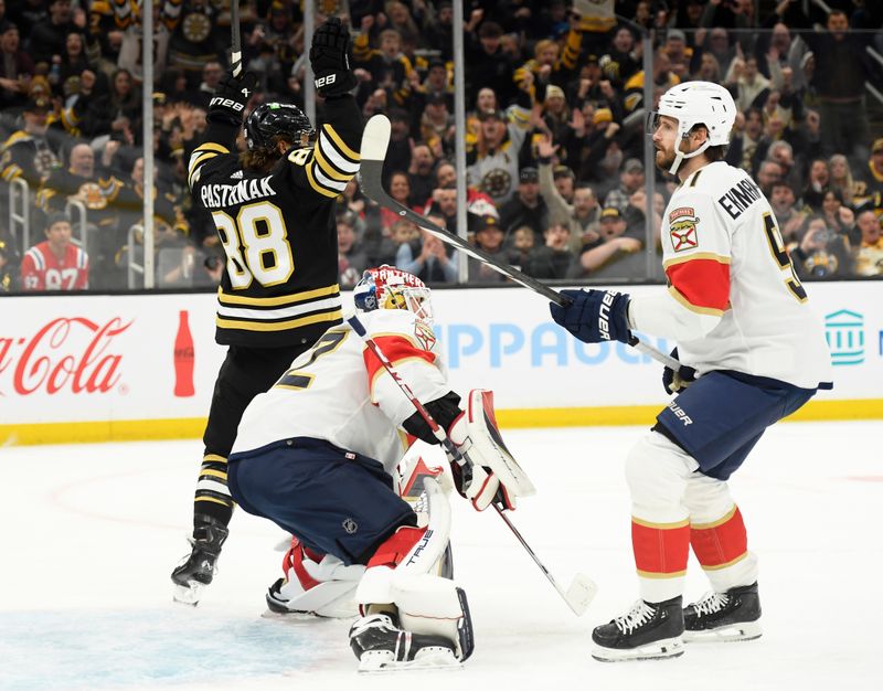 Apr 6, 2024; Boston, Massachusetts, USA; Boston Bruins right wing David Pastrnak (88) reacts in front of Florida Panthers goaltender Sergei Bobrovsky (72) after a goal by Boston Bruins defenseman Charlie McAvoy (73) (not pictured) during the first period at TD Garden. Mandatory Credit: Bob DeChiara-USA TODAY Sports