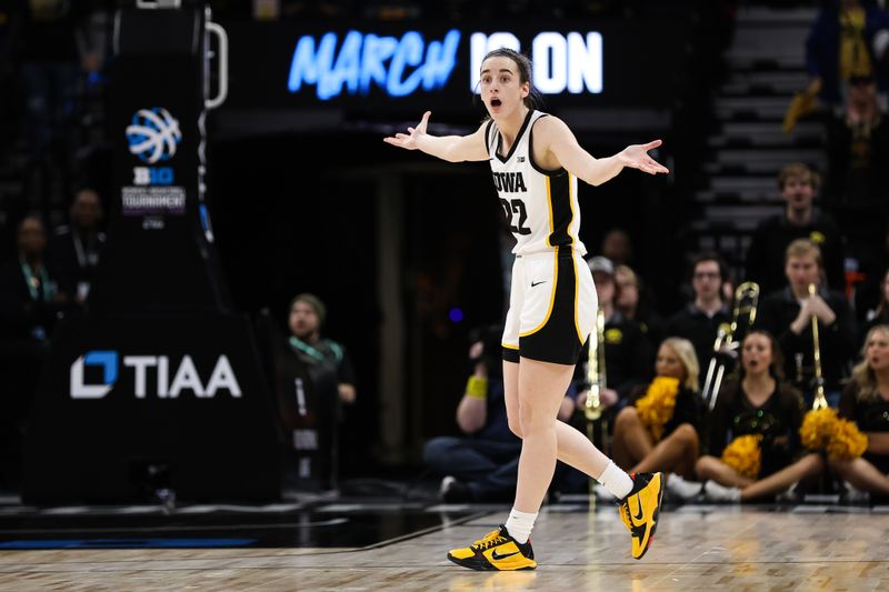 Mar 5, 2023; Minneapolis, MINN, USA; Iowa Hawkeyes guard Caitlin Clark (22) reacts to a call during the first half against the Ohio State Buckeyes at Target Center. Mandatory Credit: Matt Krohn-USA TODAY Sports