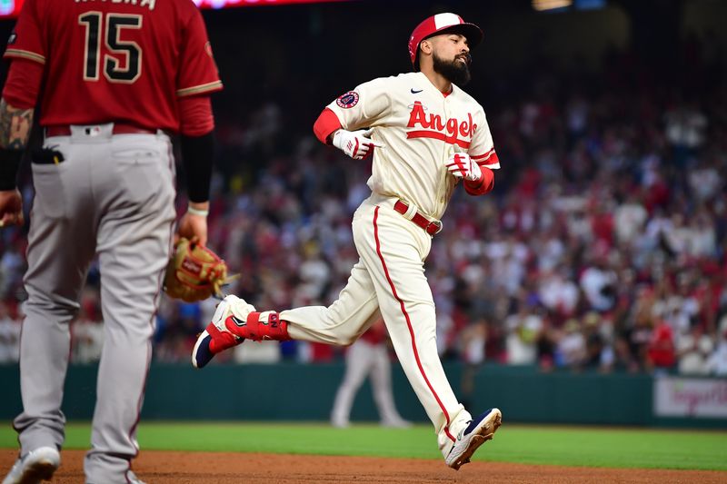 Jul 1, 2023; Anaheim, California, USA; Los Angeles Angels third baseman Anthony Rendon (6) rounds the bases after hitting a solo home run against the Arizona Diamondbacks during the fourth inning at Angel Stadium. Mandatory Credit: Gary A. Vasquez-USA TODAY Sports