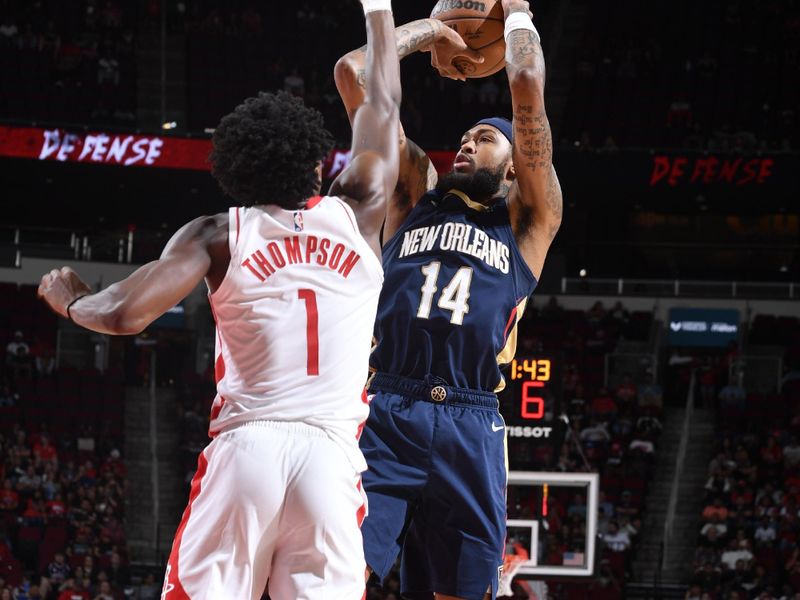 HOUSTON, TX - OCTOBER 15: Brandon Ingram #14 of the New Orleans Pelicans shoots the ball during the game against the Houston Rockets during a NBA preseason game on October 15, 2024 at the Toyota Center in Houston, Texas. NOTE TO USER: User expressly acknowledges and agrees that, by downloading and or using this photograph, User is consenting to the terms and conditions of the Getty Images License Agreement. Mandatory Copyright Notice: Copyright 2024 NBAE (Photo by Logan Riely/NBAE via Getty Images)