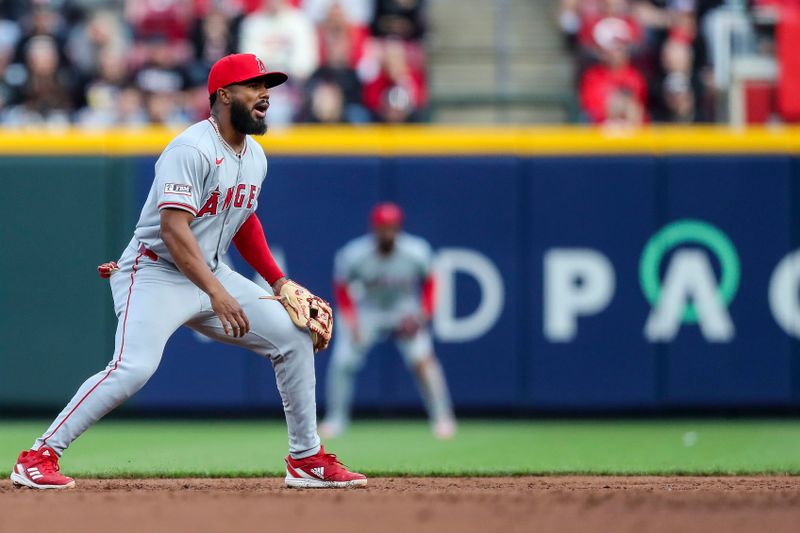 Apr 19, 2024; Cincinnati, Ohio, USA; Los Angeles Angels second baseman Luis Rengifo (2) prepares for the pitch against the Cincinnati Reds in the third inning at Great American Ball Park. Mandatory Credit: Katie Stratman-USA TODAY Sports