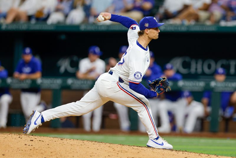 May 13, 2024; Arlington, Texas, USA; Texas Rangers pitcher Jacob Latz (67) comes on in relief during the eighth inning against the Cleveland Guardians at Globe Life Field. Mandatory Credit: Andrew Dieb-USA TODAY Sports