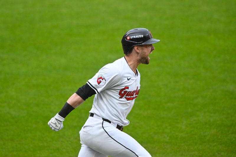 Oct 12, 2024; Cleveland, Ohio, USA; Cleveland Guardians outfielder Lane Thomas (8) celebrates grand slam in the fifth inning against the Detroit Tigers  during game five of the ALDS for the 2024 MLB Playoffs at Progressive Field. Mandatory Credit: David Richard-Imagn Images