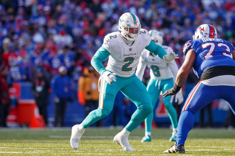 Miami Dolphins linebacker Bradley Chubb (2) attempts to get around the block of Buffalo Bills offensive tackle Dion Dawkins (73) during an NFL wild-card football game Sunday, Jan. 15, 2023, in Orchard Park, NY. (AP Photo/Matt Durisko)